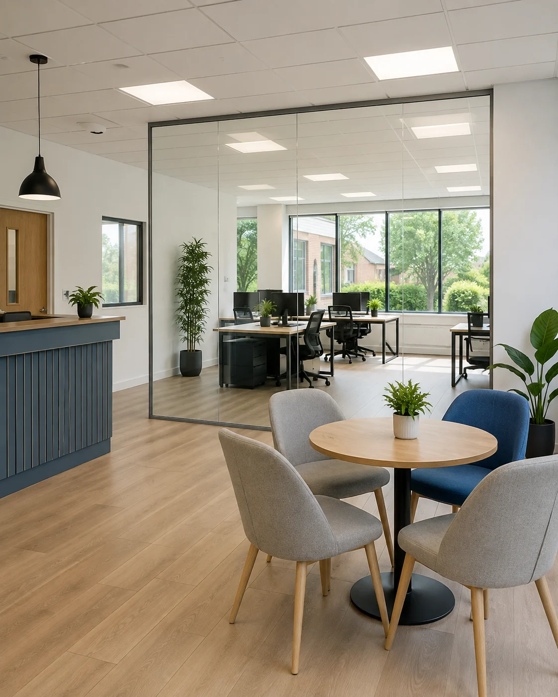 A bright, orderly office with oak floors, glass partitions and welcoming workspaces.