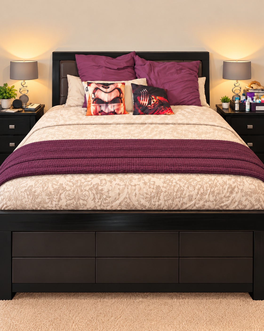 Digitally edited bedroom illustration with a made bed and plum bedding